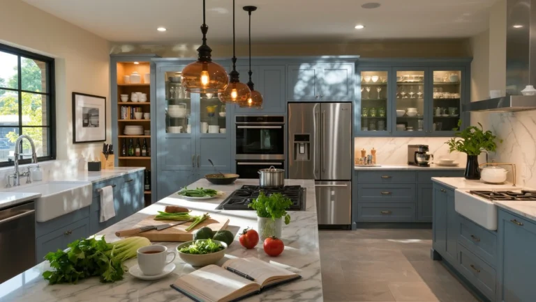 "Modern kitchen with elegant blue kitchen cabinetry, marble countertops, pendant lighting, and organized storage for a stylish and functional design."