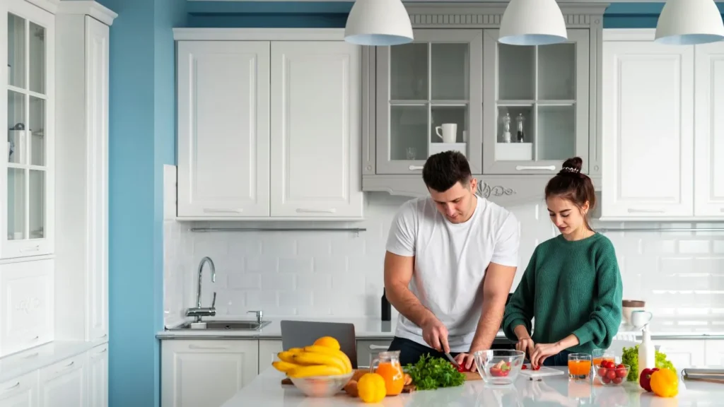 A couple standing in her kitchen cutting vegetables in front of beautiful white cabinetry.