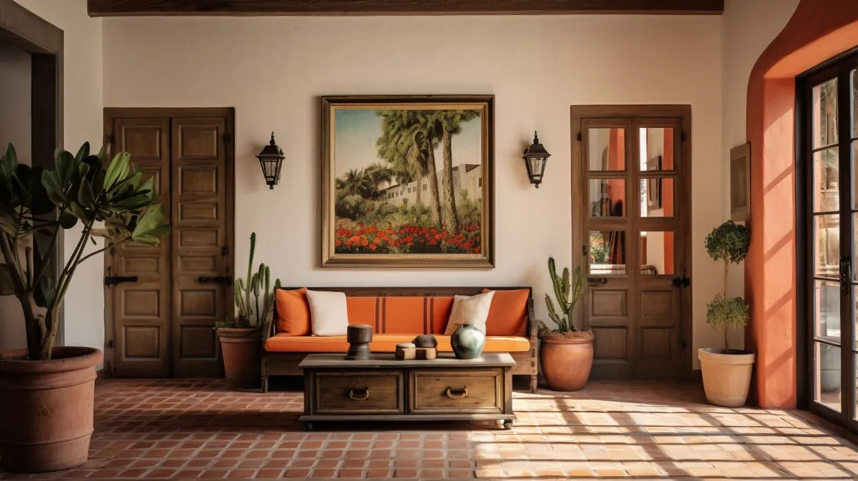 The image depicts a Mediterranean-style interior space with terracotta tiled flooring and white walls. A wooden bench with orange cushions and white pillows sits against the wall, flanked by large potted plants. Above the bench is a framed painting of a lush landscape with palm trees and red flowers. Wooden doors with glass panels and traditional black lanterns are positioned on either side of the painting. Sunlight streams in from the right, creating a warm and inviting ambiance. It also give the enchanting wall art.




