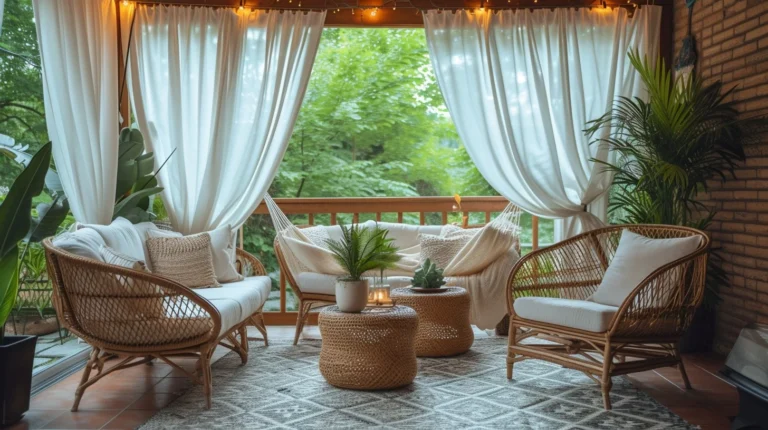 "Cozy garden seating area with rattan chairs, white cushions, indoor plants, and soft curtains creating a relaxing outdoor retreat."