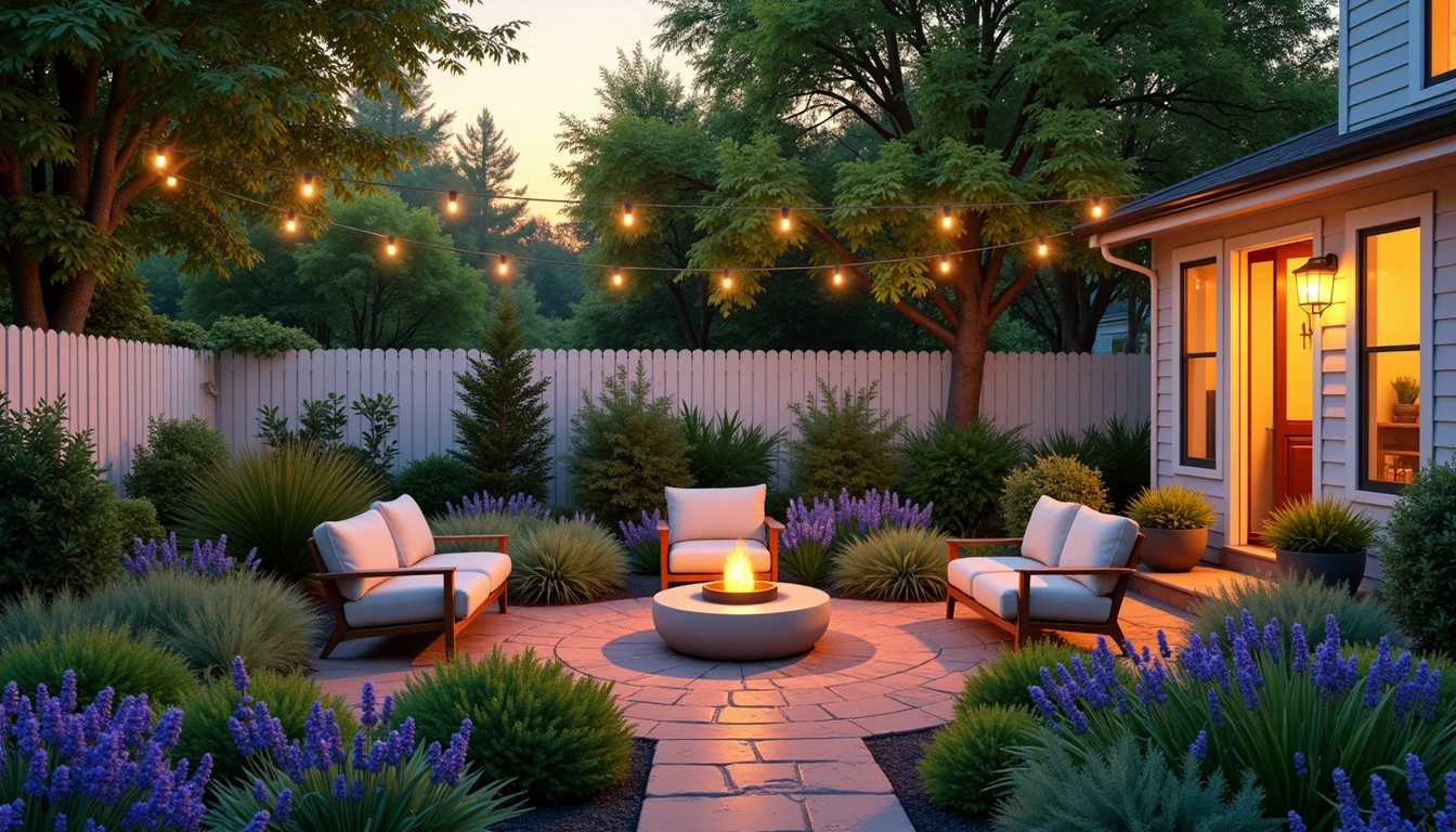 Cozy backyard setup with cushioned chairs around a fire pit, string lights overhead, and lush greenery — an inviting example for garden seating tips.