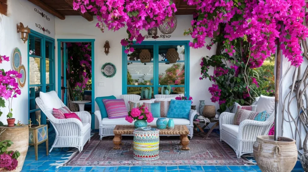 A vibrant porch featuring white wicker furniture, colorful cushions, a wooden coffee table, and blooming pink bougainvillea plants.