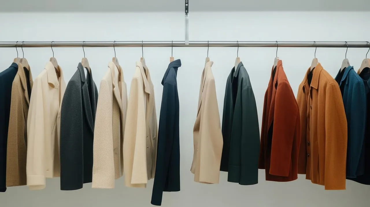 "A clothing rack with neatly hung coats and jackets in various neutral tones, including beige, grey, navy, green, and rust."