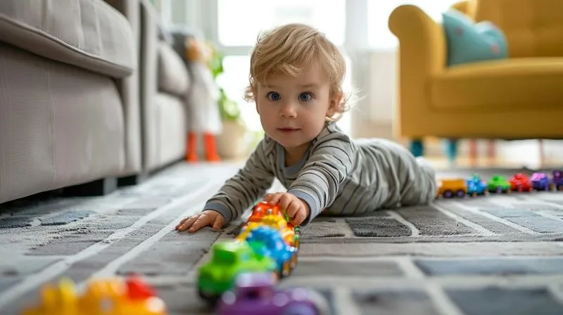 A baby palying with his toys on a soft carpet.