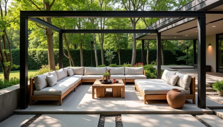 Modern outdoor patio with comfortable wooden furniture under a sleek pergola, surrounded by lush greenery — perfect for illustrating garden seating tips.