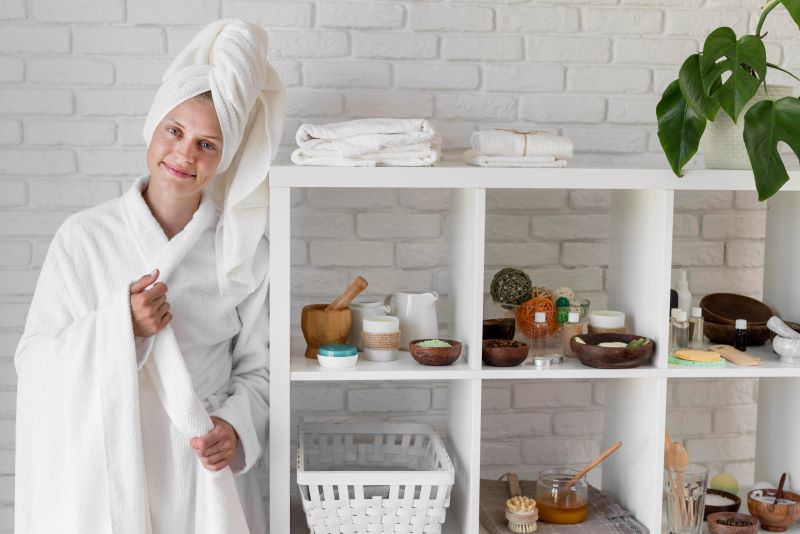 A person in a bathrobe and towel turban standing next to a white indoor rack filled with various bath and beauty products."





