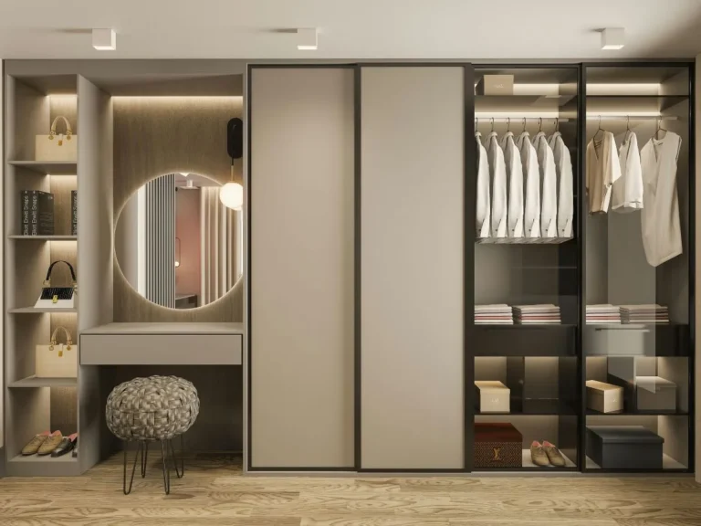 Wardrobe design with sliding doors, open shelves, hanging clothes, and a built-in dressing area with mirror and stool.”