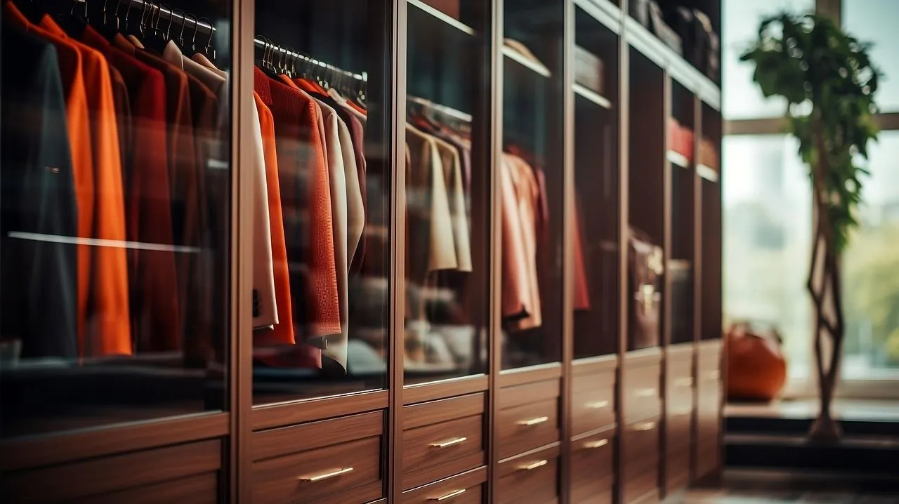 “Stylish wardrobe with glass doors showcasing neatly arranged clothes in warm tones, modern drawers, and a well-lit interior.”