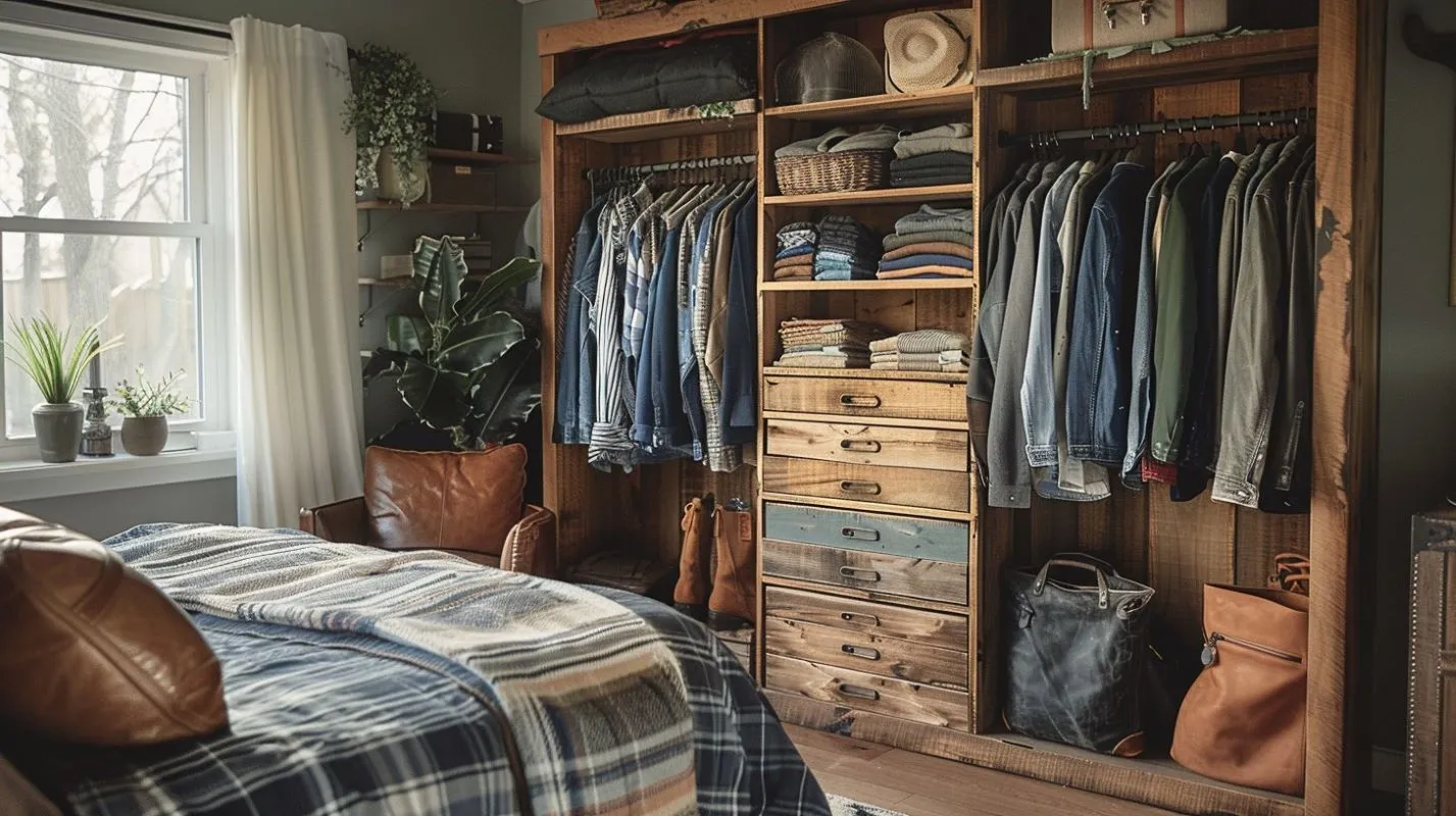 The image shows a cozy bedroom with a rustic wooden wardrobe. The open wardrobe displays neatly organized clothes. The room features leather chairs, potted plants, and a bed with a plaid blanket.