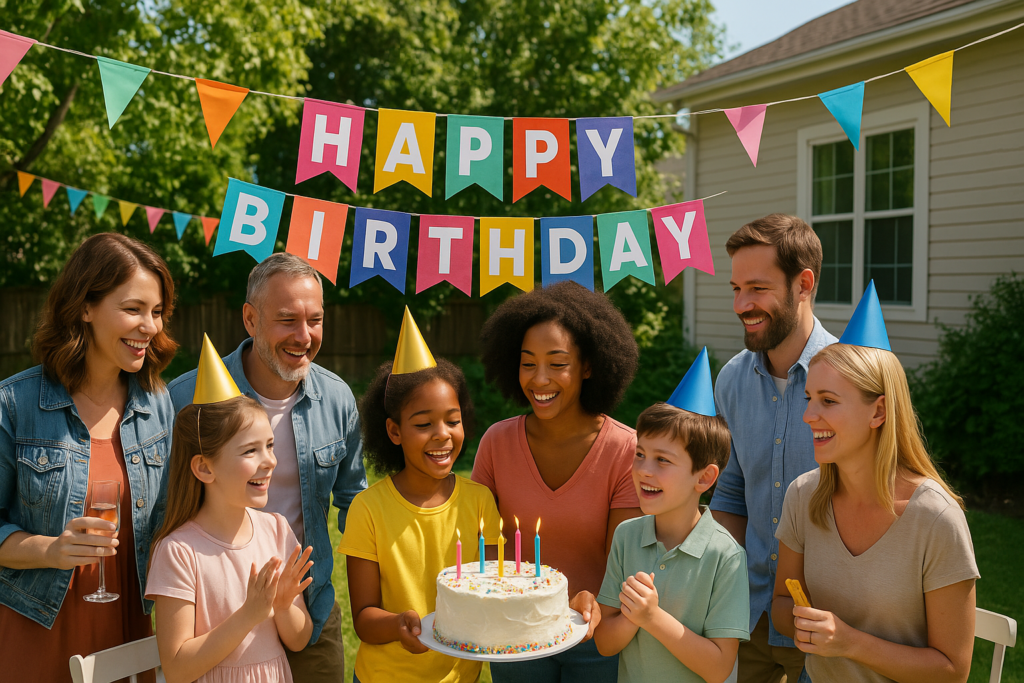 A eight members family enjoy birthday party.