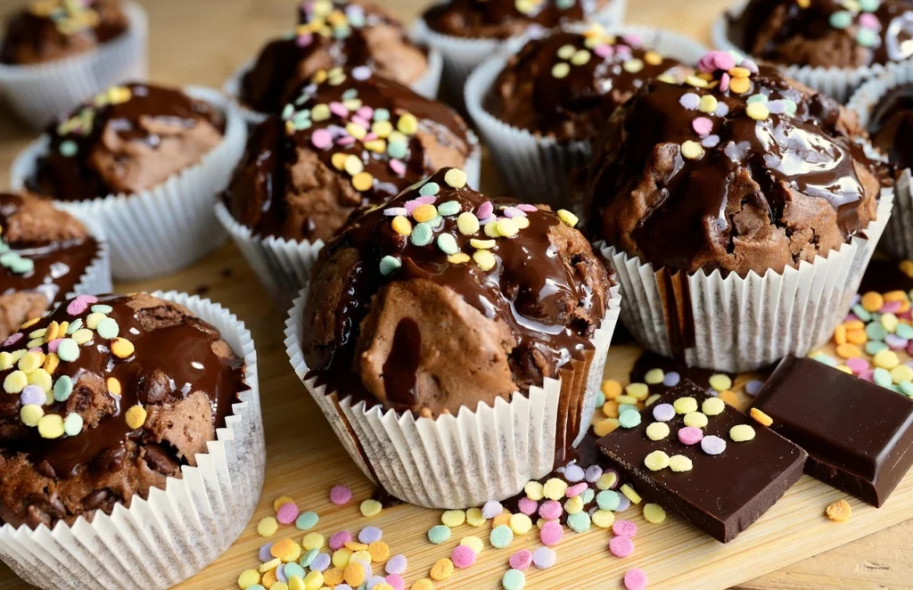 Chocolate muffins topped with glossy chocolate glaze and colorful sprinkles, arranged in white paper liners.