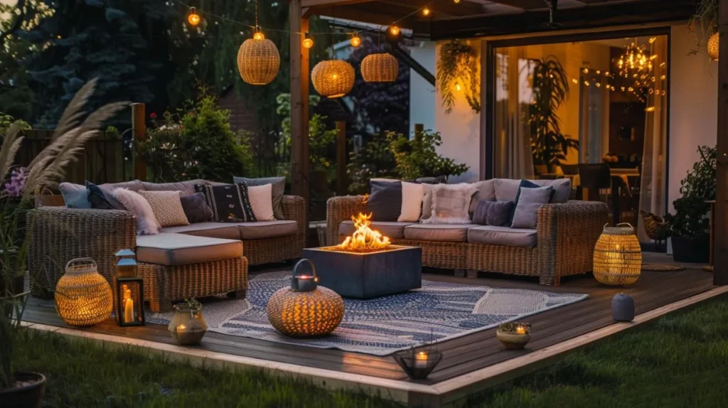 A cozy outdoor patio at dusk featuring wicker seating with cushions, a central fire pit, lanterns, and string lights creating a warm, inviting ambiance.






