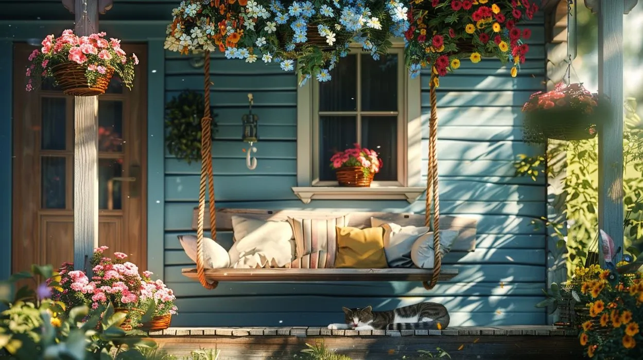 A cozy porch with a hanging swing seat adorned with cushions, surrounded by vibrant flowers in hanging baskets and pots, with a cat lounging peacefully on the wooden floor.