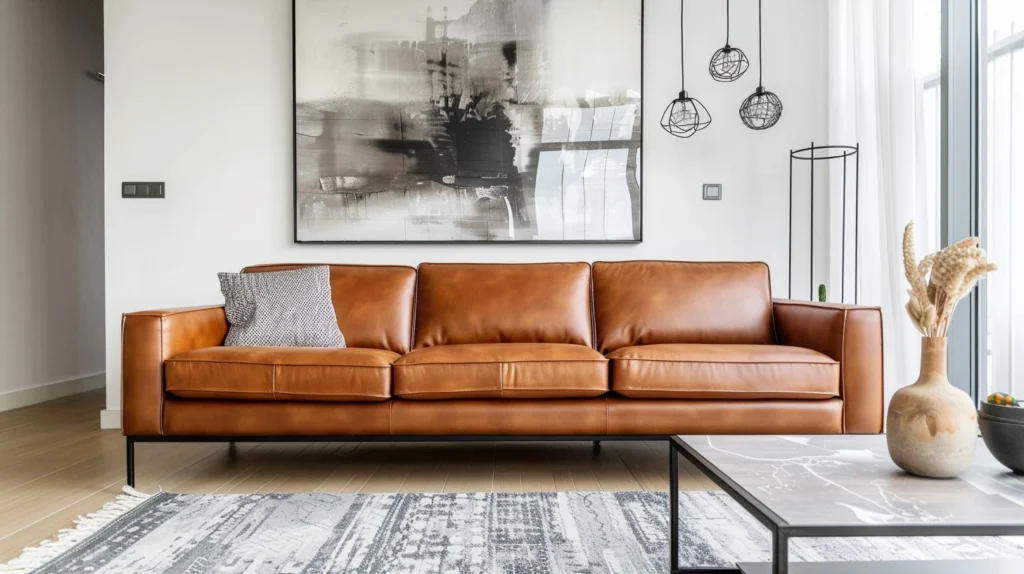 A modern living room features a sleek, brown leather sofa and a large abstract painting, highlighting a stylish decor approach that avoids a cheap interior look.