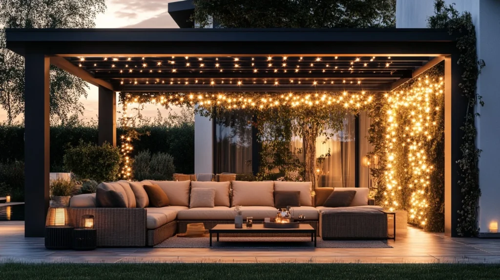 a luxarious outdoor living space with beautiful shade along with golden lights and big couch set ,table some decoration pieces and plats pots.