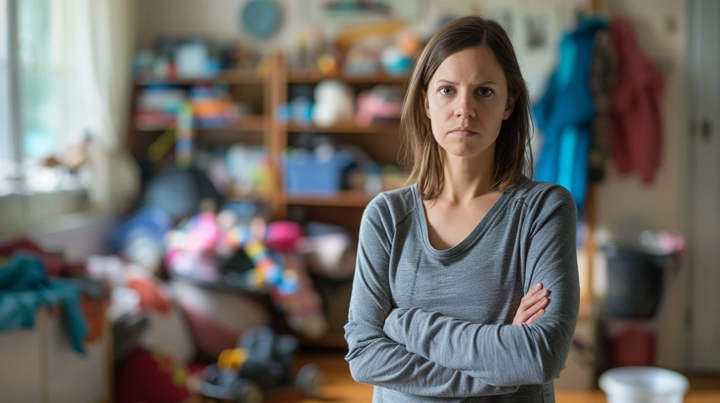 A stressed lady stands with arms crossed in a cluttered room, reflecting frustration over cheap interior decor.