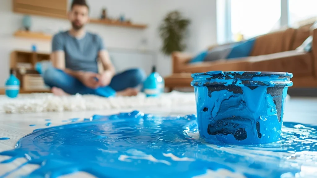 
A man sits on the floor in the background, appearing concerned as blue paint spills from a can onto the floor, highlighting a potential mishap in home decor.