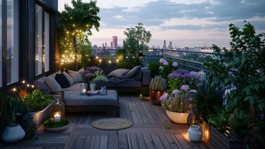 A cozy home terrace with differnt plants and flowers along with beautiful lights and soft couch.