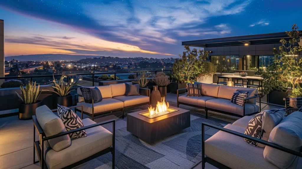 Luxarious home terrace with some flower pots 7 pieces sofa set, with beautiful weather in the evening between the couches there is a cozy burning of fire.