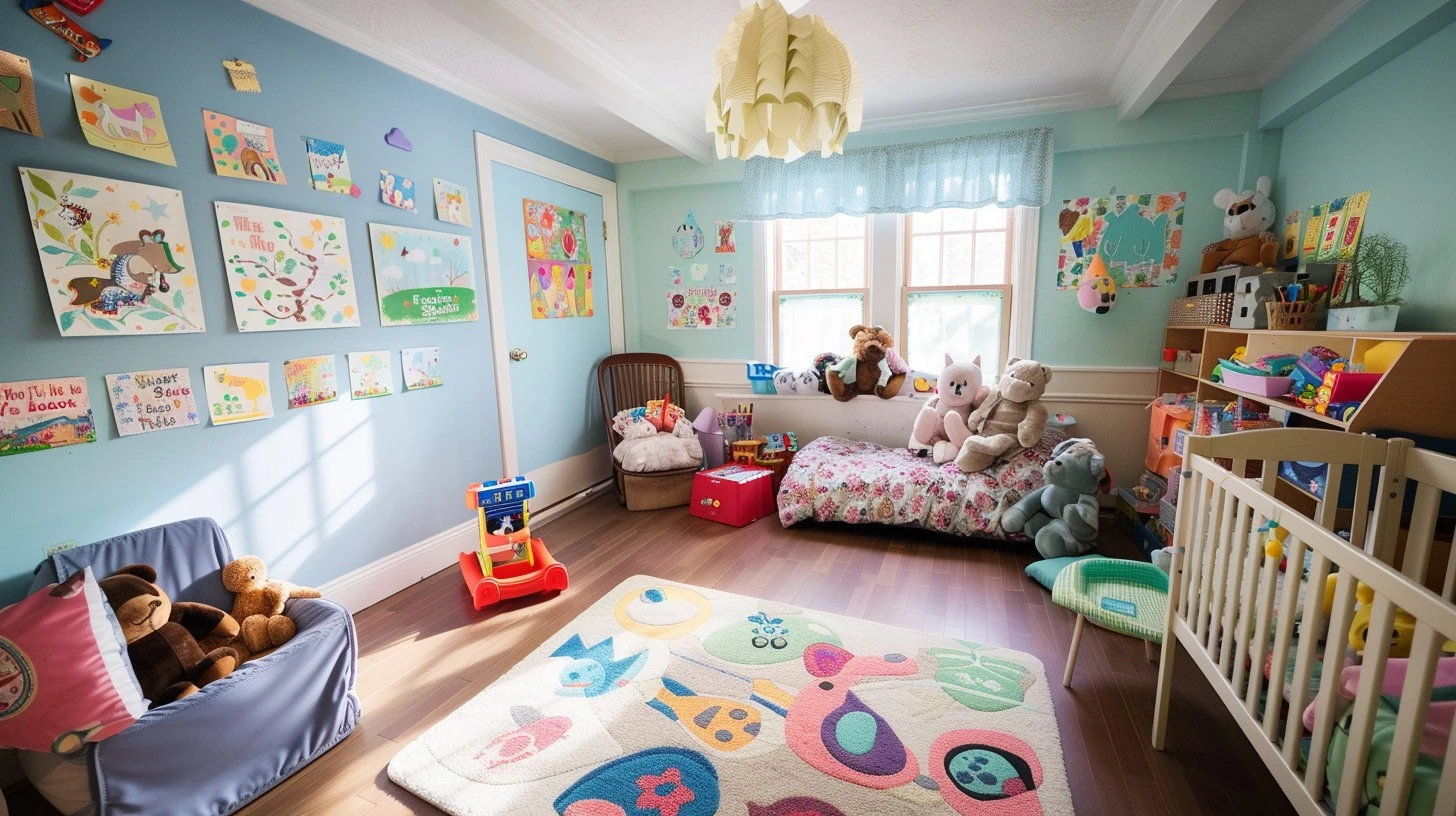 A colorful and cozy kids' room with playful wall art, toys, and soft furnishings, illuminated by natural light.