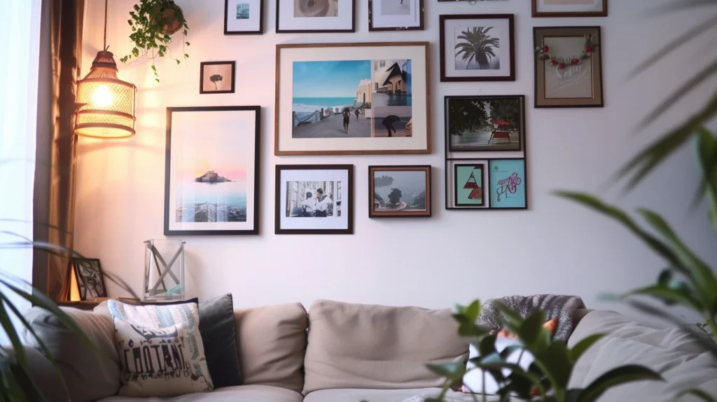 A living room having sofa and there are many picture hanging on the wall along with the lamp.