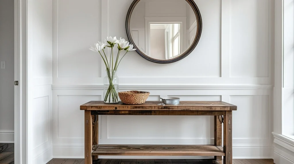 A hallway contains a big table with a floor pot and wicker basket also a mirror is hanging on the wall.