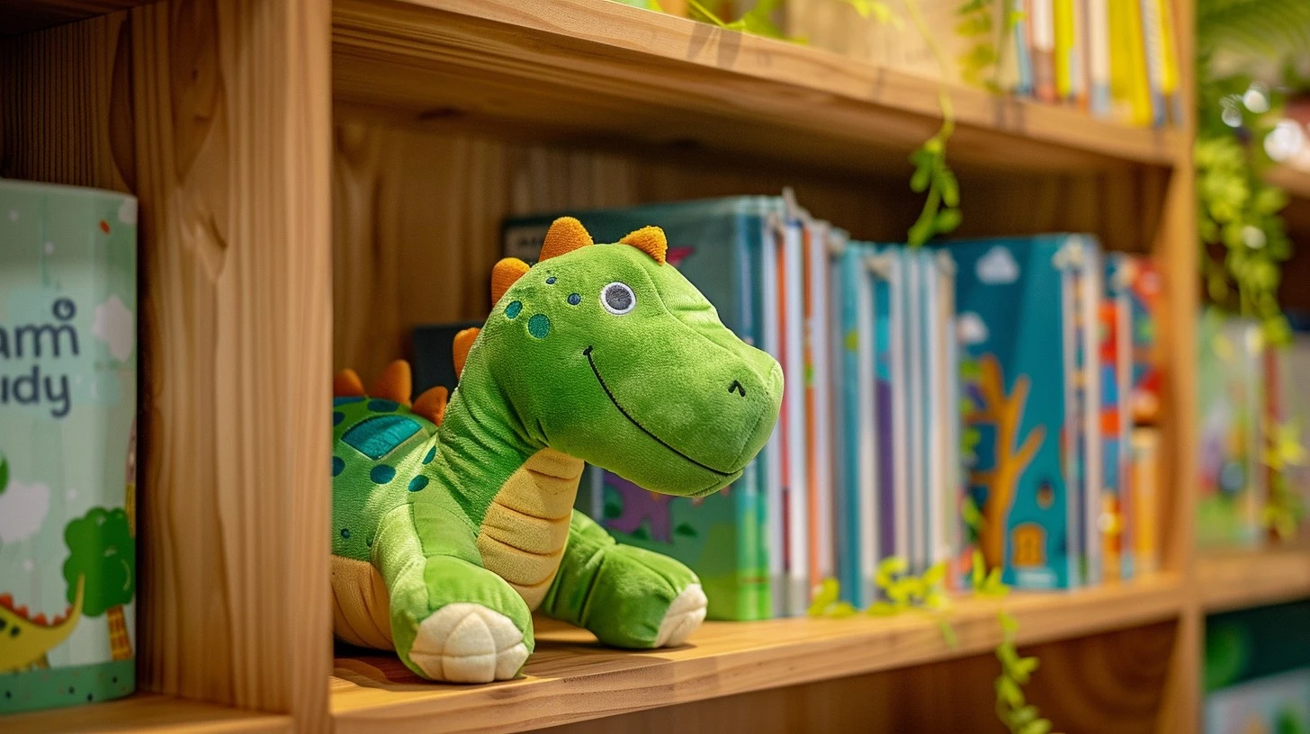 a toy dinasor with some books placed on a shelf increase decor hacks