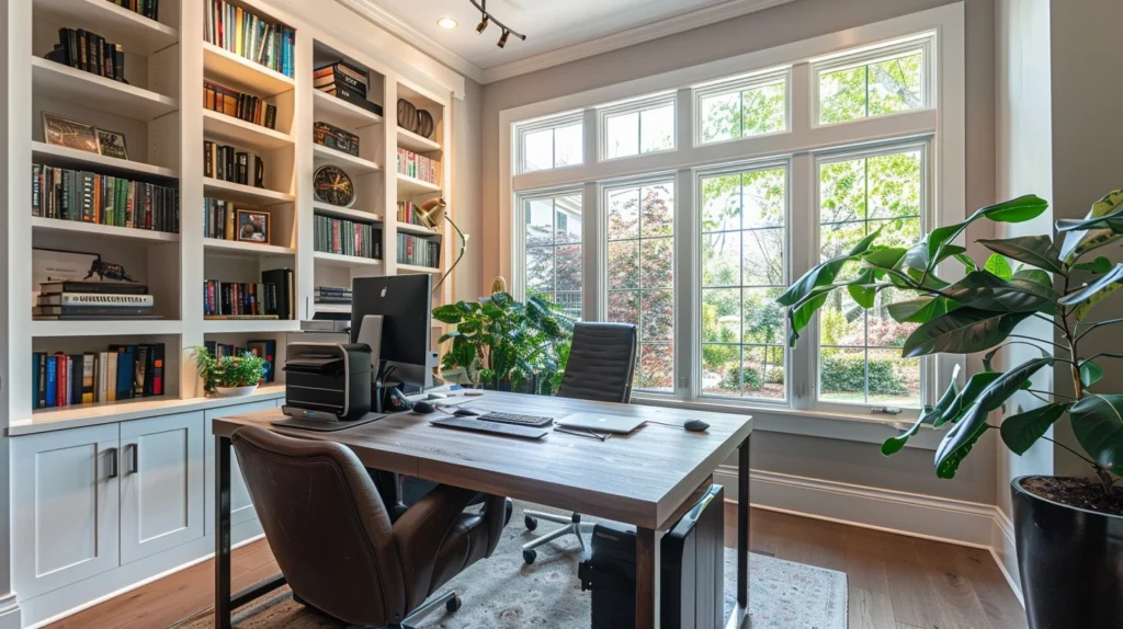 A home office which have plants a table on which computer is laying , a wall shelves with books.