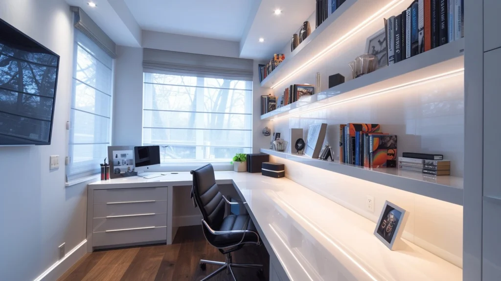 a home office with a wheeling chair and full wall shelves with boks and a big table.
