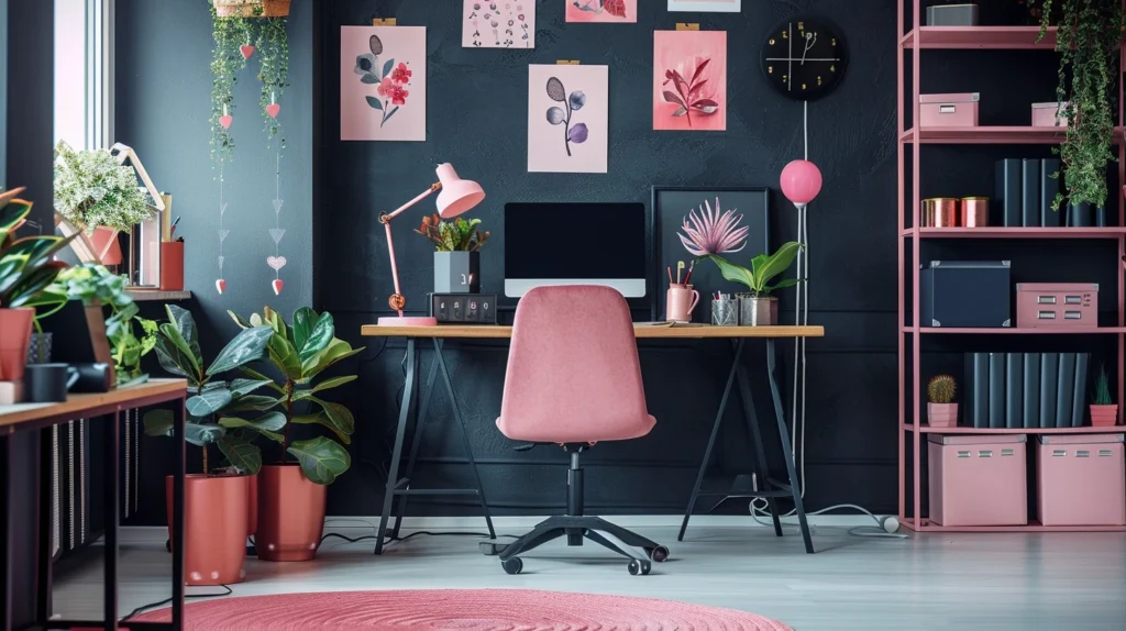 a home office whose color is pink decorate with all pink things.