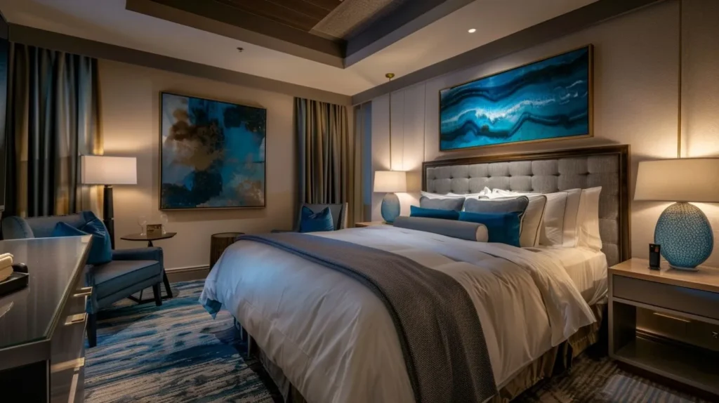 a costic bedroom which is based on blue, grey, white, and brown . It is arrange very well as an hotel room.