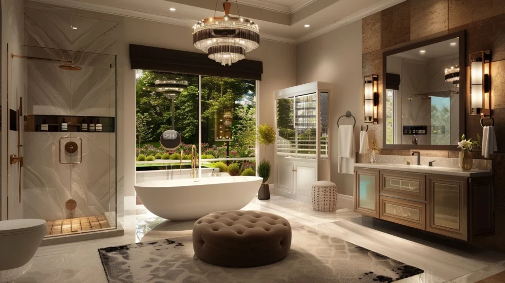 A luxurious bathroom vanity with big space ,different lights, a soft couch ,tubb,mat with garden view