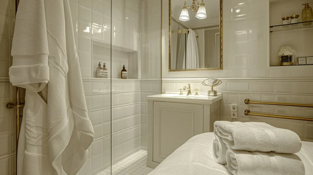 White bathroom vanity with different lights and stands and towels.