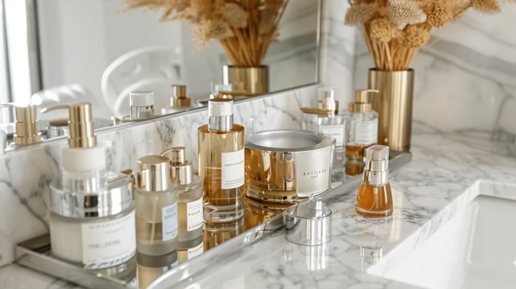 A bathrom shelf whose shadow reflect on mirror with different vanity products and a flower pot.