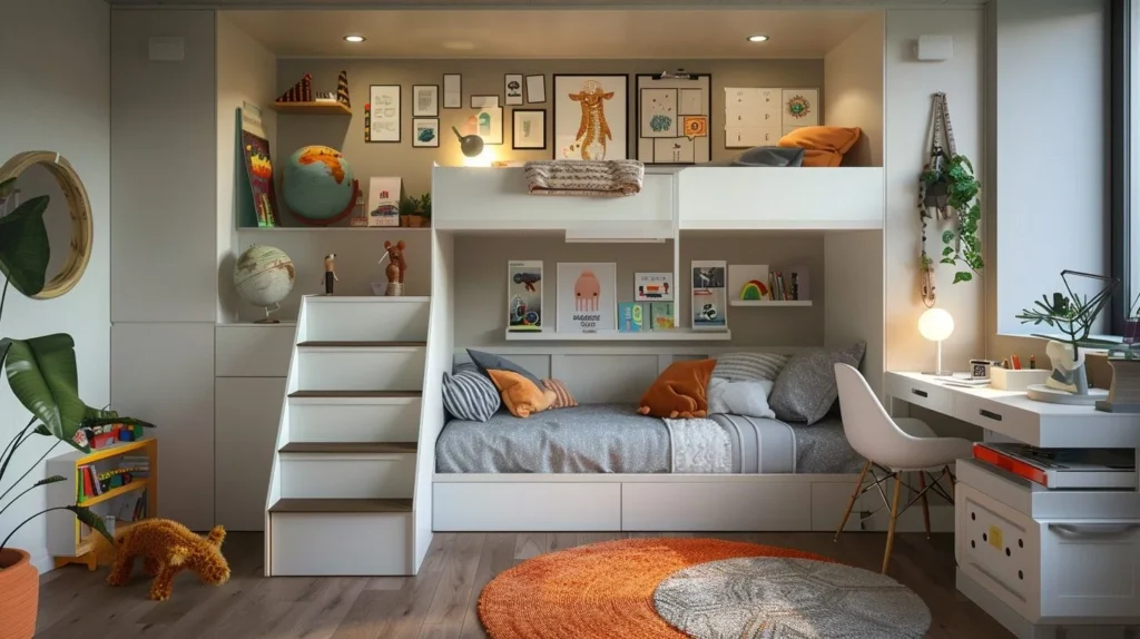 A cozy kids room which is based upon light color theme contaning a bed, over bed space, study table and chair along with lamps and pots, soft toys stairs and a mat.