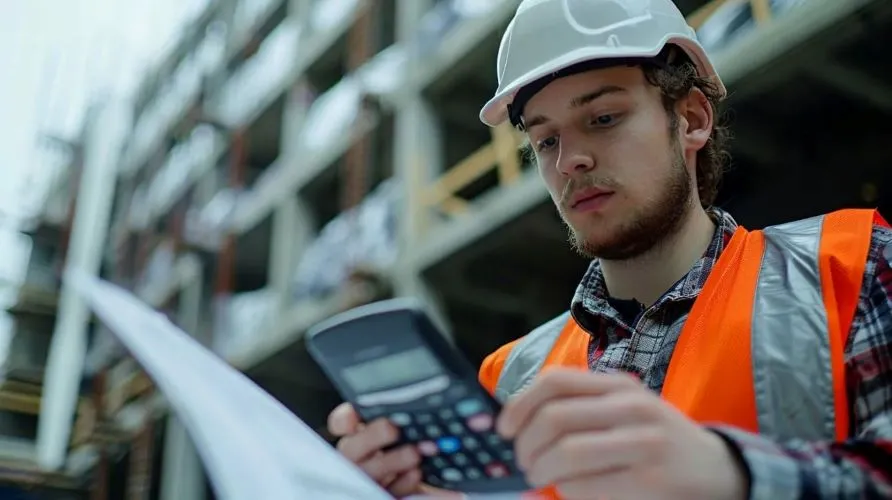 Engineer using a construction cost calculator on-site for accurate project budgeting."