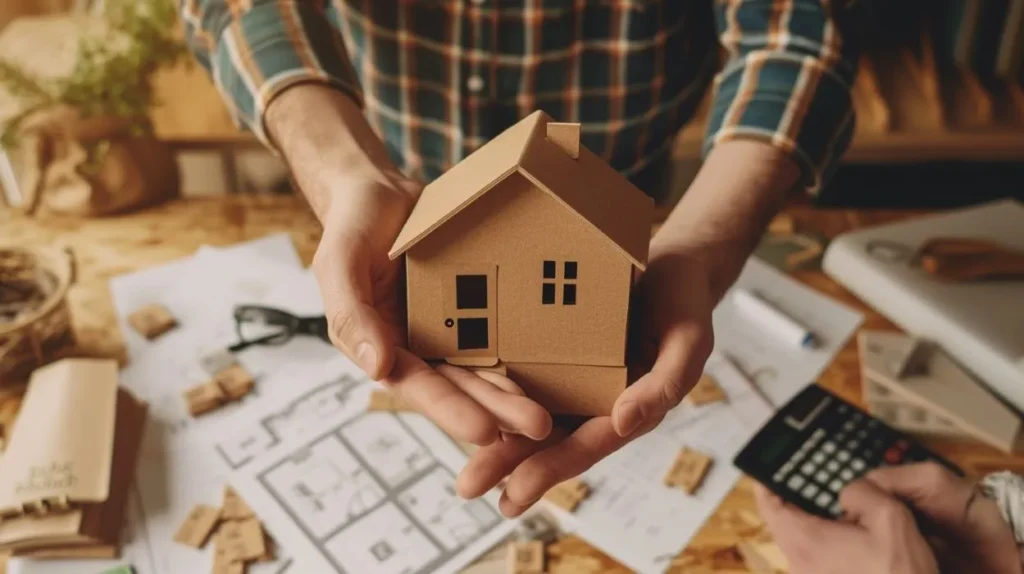 Person holding a small house model with construction plans and a calculator in the background, illustrating a construction cost calculator.