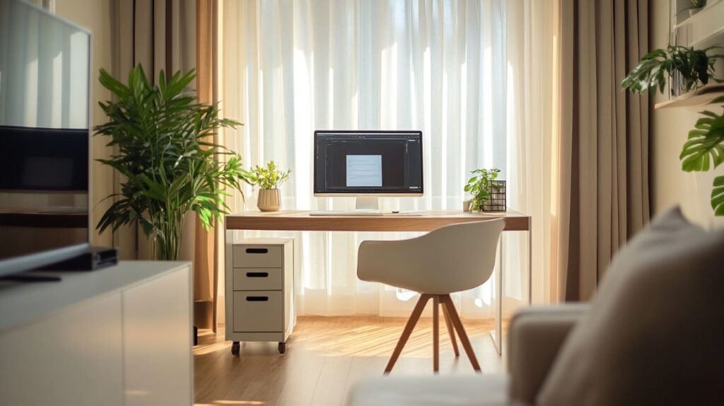 A beautiful small room is decorated as office with plants drawers , soft chair etc.