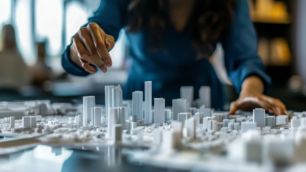 A lady working on a cityscape model representing urban planning, demonstrating a 3D room planner concept.