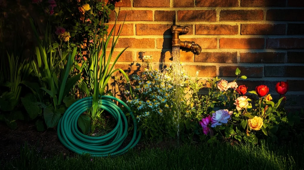 An indoor wall with beautiful flowers along with with the tape which is blowing and a pipie around it.