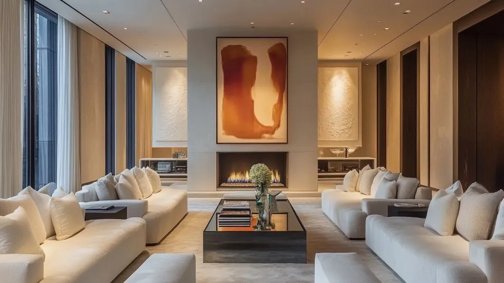 A luxuary living room with a big painting on central wall along with the table in center and sofs on side with different curtains.