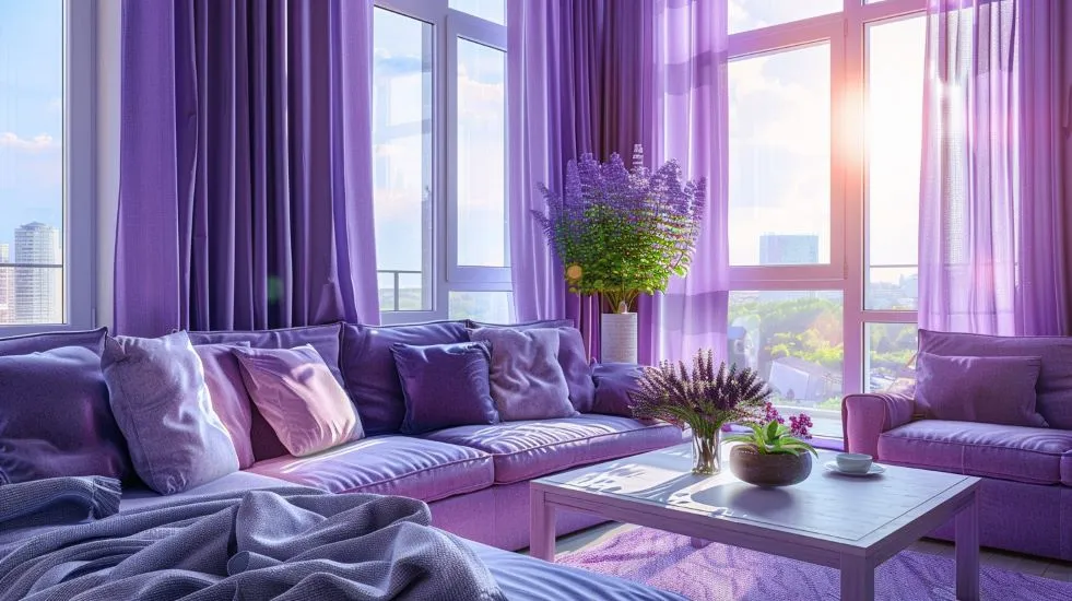 A purple theme well arrange living room with sofas , curtains, and purple vases.