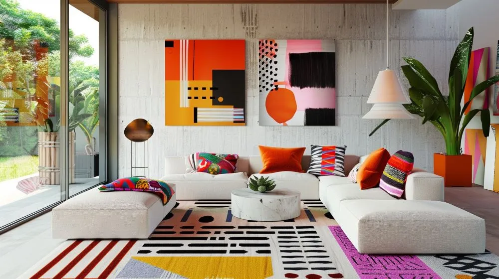 An amzing colorful sofa set arranged in a cozy room along with tables and paintings.