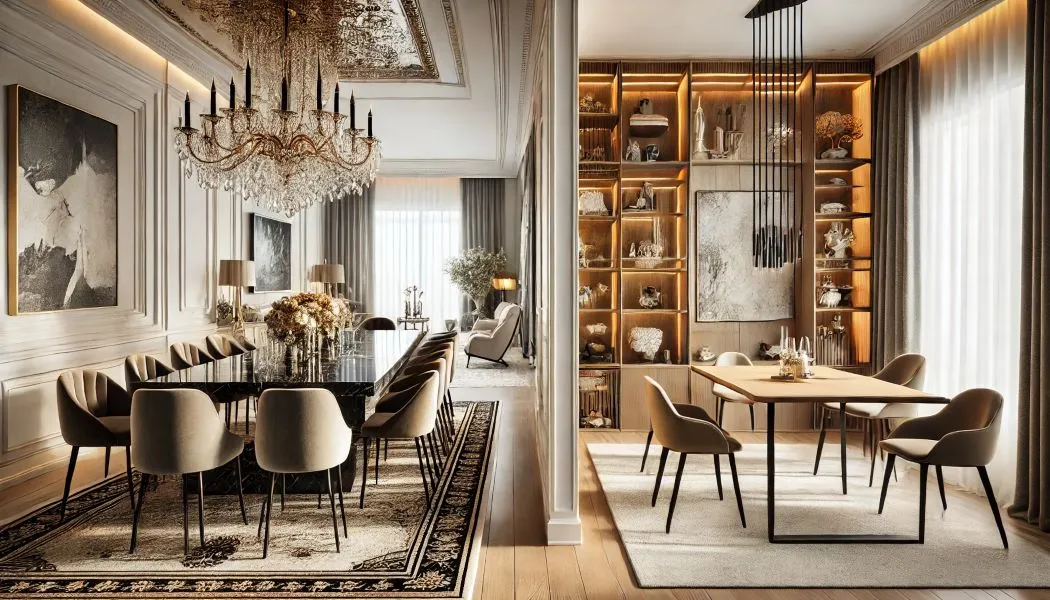 "Elegant dining room with a crystal chandelier, black marble table, modern chairs, illuminated shelves, and large windows with flowing curtains."