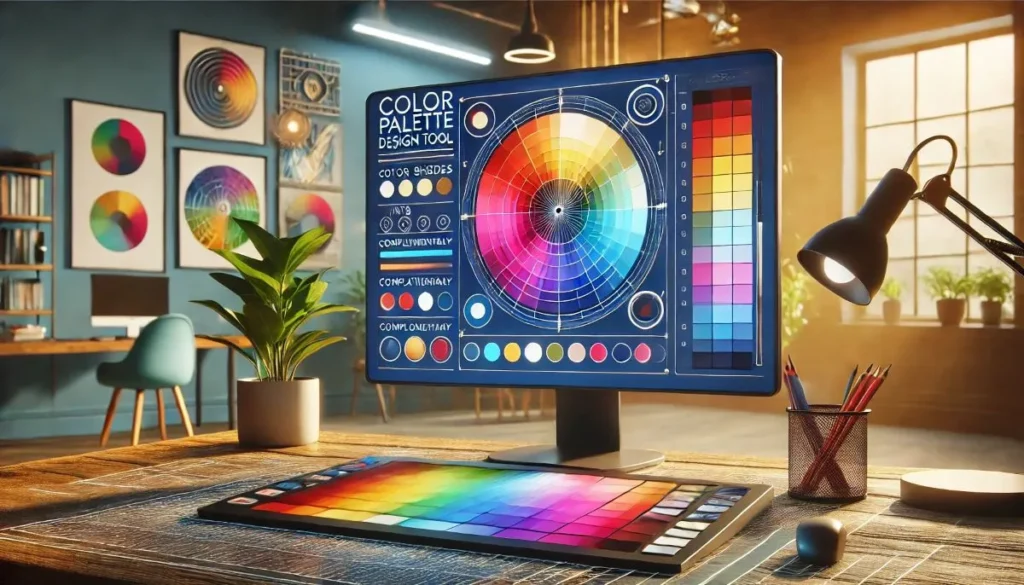 "Color palette design tool interface on a monitor in a creative workspace."