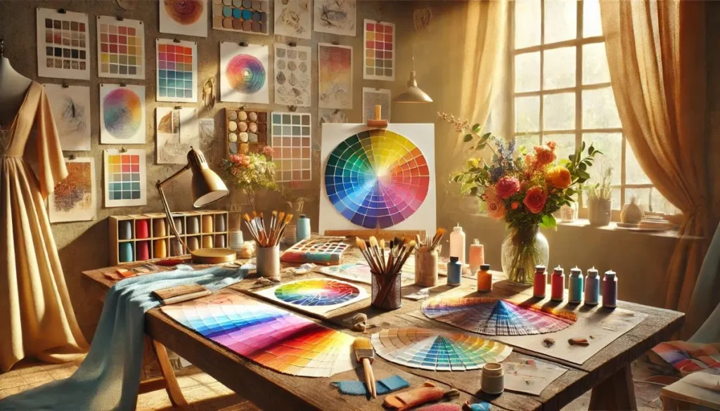 "Artistic workspace with color palette swatches and creative tools."