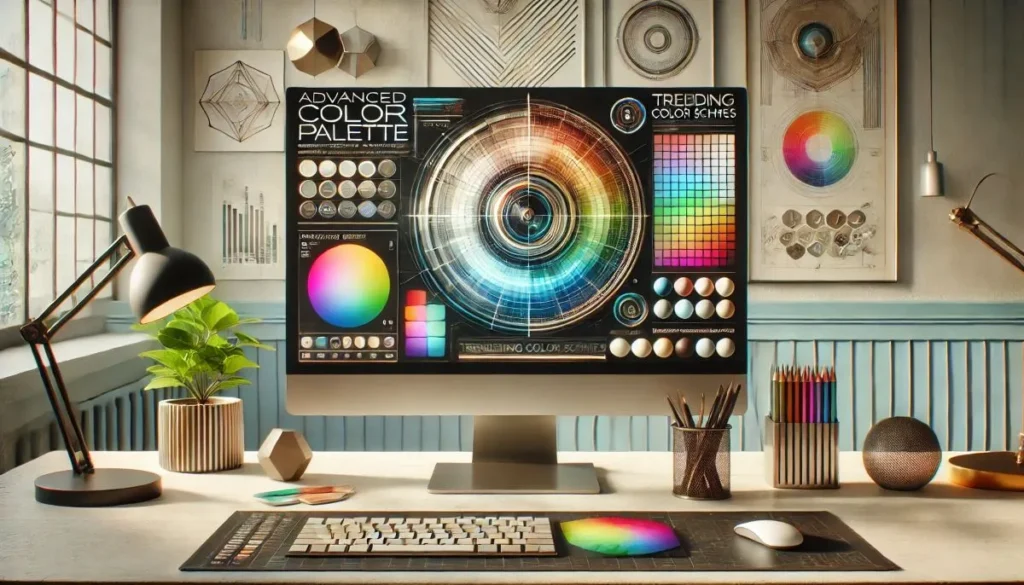 "Color palette design tool interface on a monitor in a creative workspace."