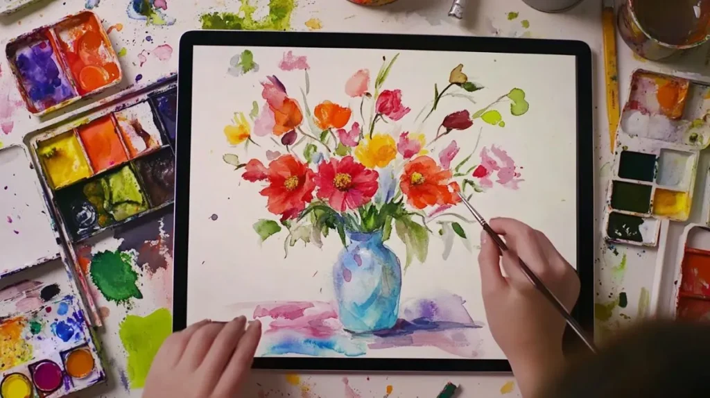 "Floral watercolor painting with a vibrant color palette."