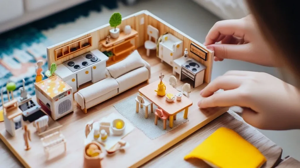 "Hands arranging a miniature model, showcasing creative living in a small house."