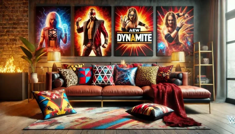 "Elevate your living room decor with dynamic #AEWDynamite-inspired cushions, bringing bold energy, vibrant colors, and unique textures to your sofa."